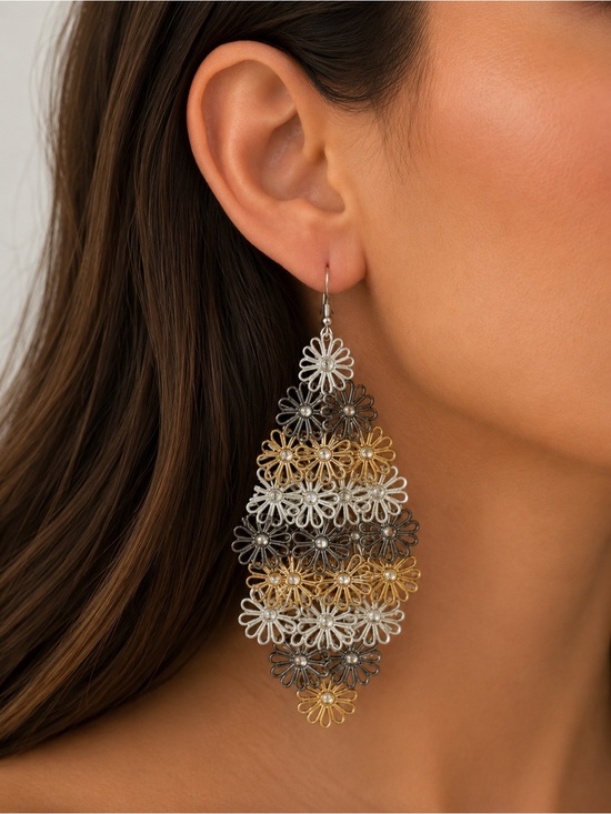 Isis Jewelry - Layered Sunflower Dangle Earrings 4” Gold Silver Mixed Metal Floral Statement